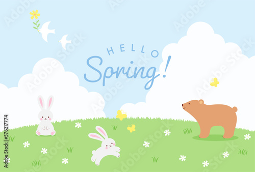 spring vector background with animals, insects and flowers on a green field for banners, cards, flyers, social media wallpapers, etc.