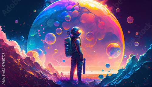 a digital artwork of beautiful painting of an astronaut in a colorful bubble