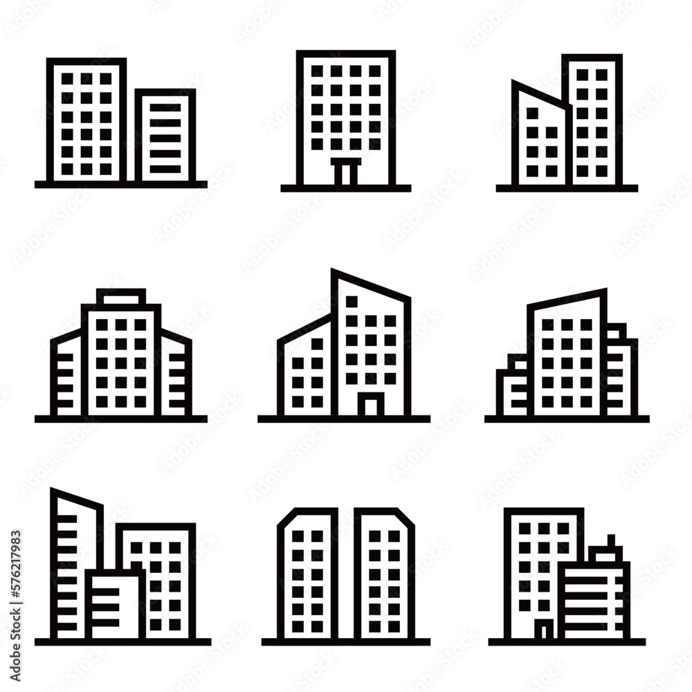 set of building icons, such as city, apartment, condominium, town