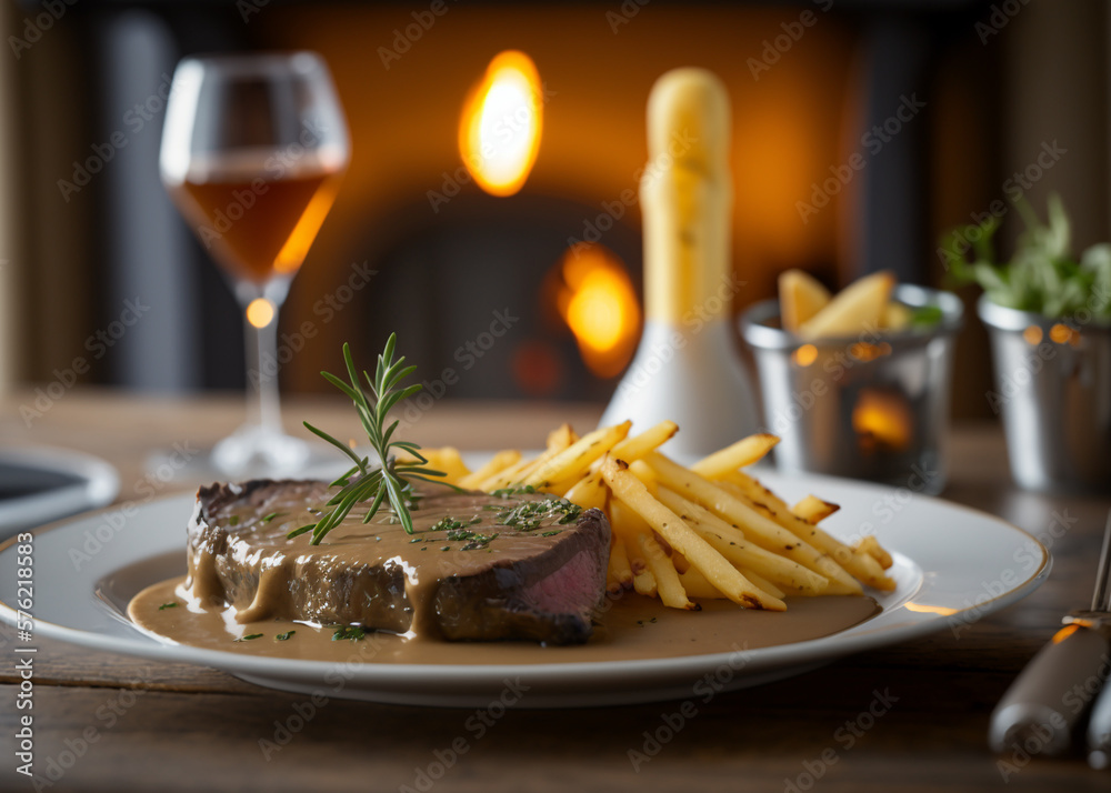 Entrecôte avec une sauce au poivre de frites Stock