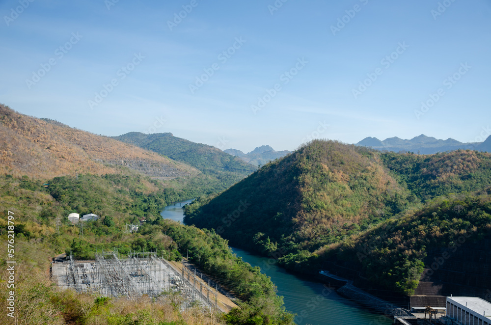 Landscape view of The Srinagarind Dam or the Srinakarin Dam in Si Sawat District, Kanchanaburi Province, Thailand.