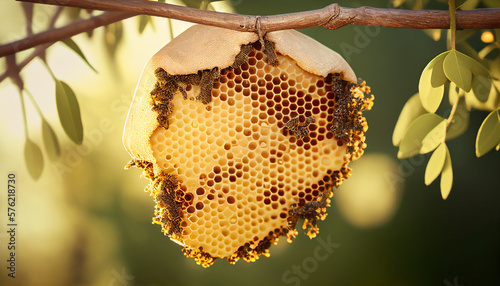 Natural beehive,yellow honey hive  hanging  on tree branch.Close-up shot of honeycomb.Honey is a natural sweetener that can be used as a sugar substitute in healthy foods and beverages.