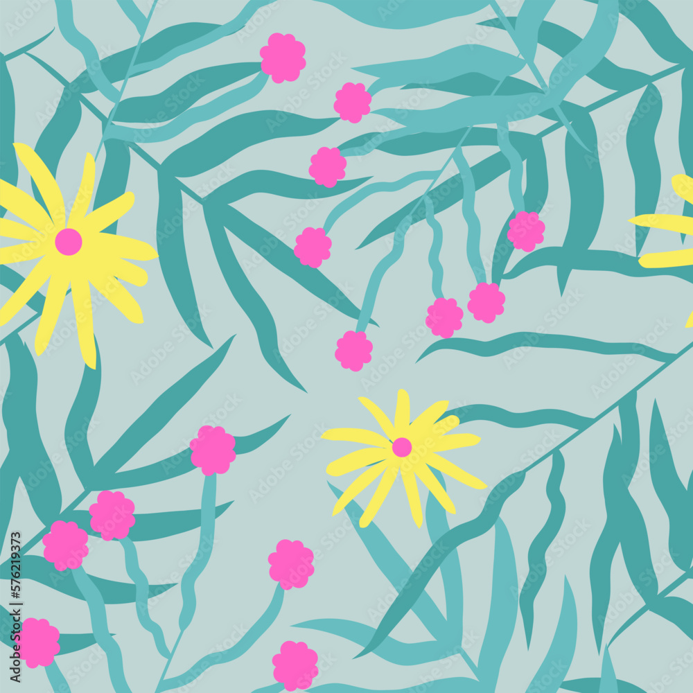 Tropical background with flowers and palm trees. seamless pattern.