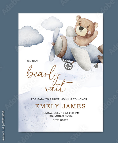cute baby shower watercolor invitation card for baby and kids new born celebration © Yuni