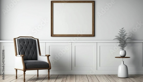 Fototapeta Naklejka Na Ścianę i Meble -  The interior has a armchair on empty with blank wood frame on wall white wall background. Generative AI