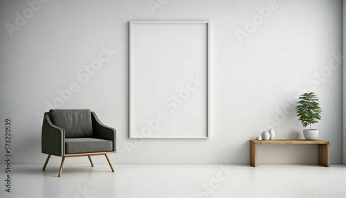 Fototapeta Naklejka Na Ścianę i Meble -  The interior has a armchair on empty with blank wood frame on wall white wall background. Generative AI