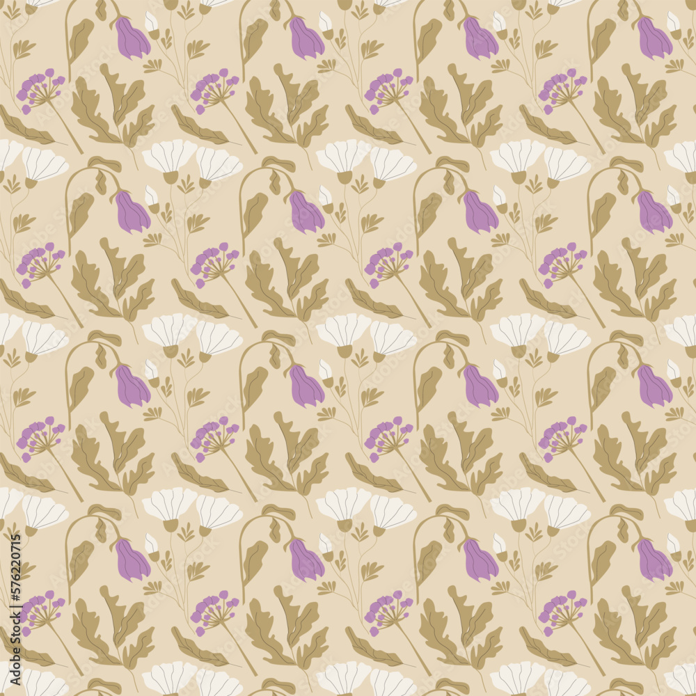 Seamless vector pattern with flowers. Botanical endless ornament in retro colors.
