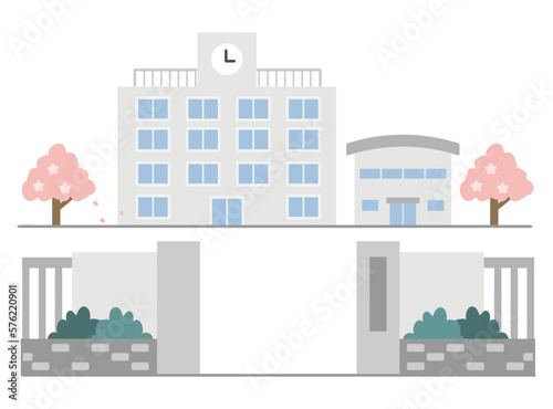 入学式の学校と桜（カラー）