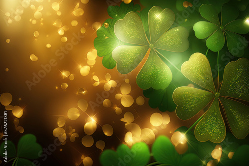 Festive background with shining clover shamrocks and golden bokeh