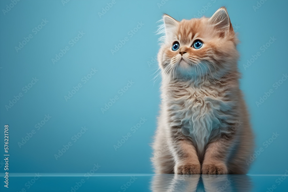 Cute persian cat on light blue background with copy space for national pet day