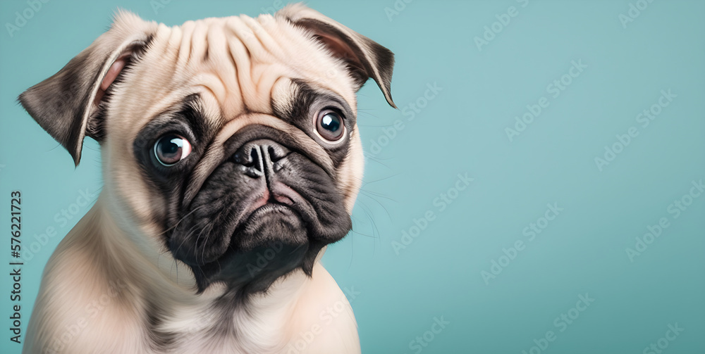 Cute pug on light blue background with copy space for national pet day