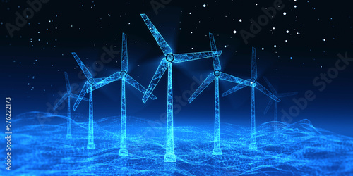 Clean and eco energy industrial concept with blue digital windmills full of energy on wavy technological floor and dark background. 3D rendering © Who is Danny