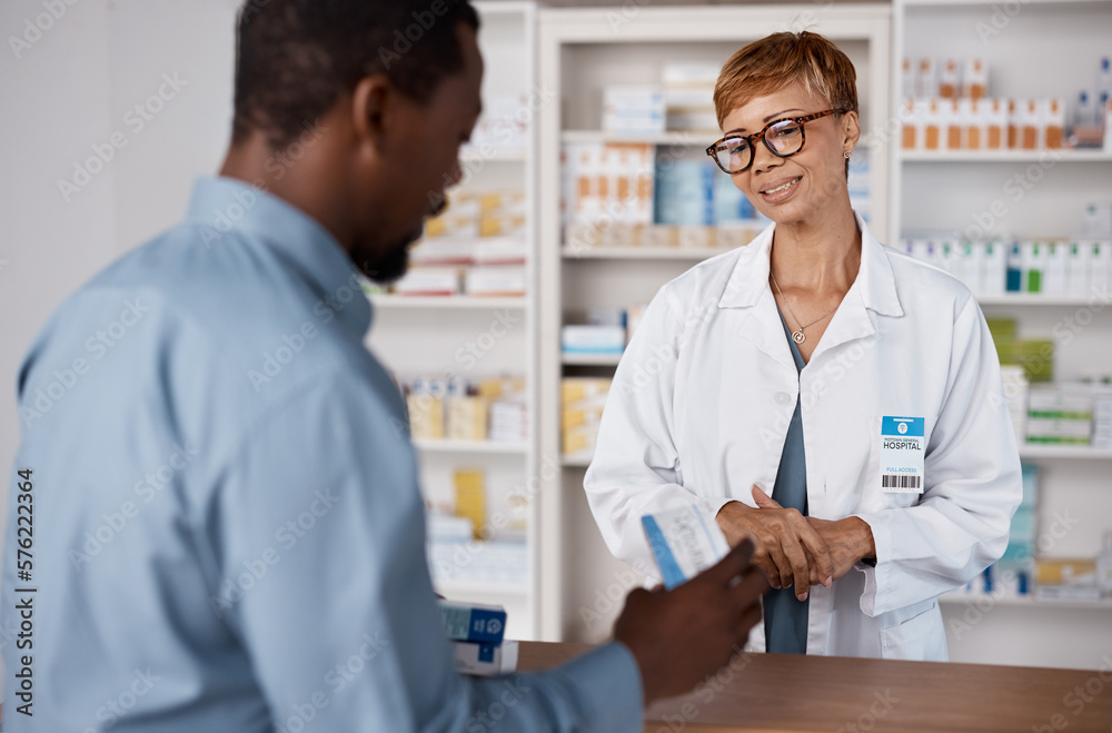 Pharmacist woman, talking to customer about medicine, information or advice on pills box. Black man with pharmacy, clinic or store worker for pharmaceutical, medical and health counter service Pharmacist woman, talking to customer about medicine, information or advice on pills box. Black man with pharmacy, clinic or store worker for pharmaceutical, medical and health counter service