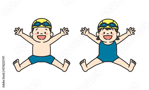 水泳の水着を着てジャンプする子どものイラスト