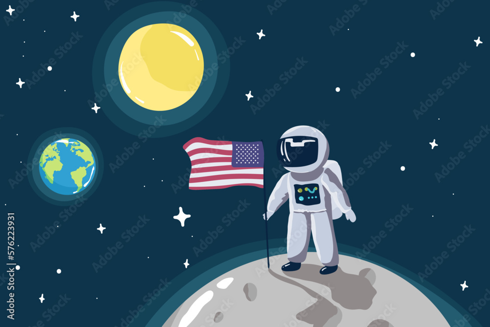 Fototapeta premium Cute little astronaut stand on the moon with USA flag.Space mission. Childish vector illustration