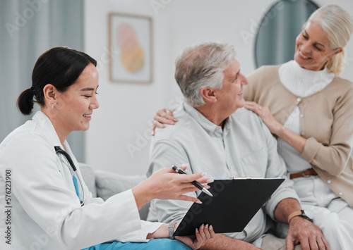 Nurse, healthcare and trust with a senior couple in their home, talking to a medicine professional. Medical, insurance or life cover with a mature man and woman meeting a nursing assistant in a house