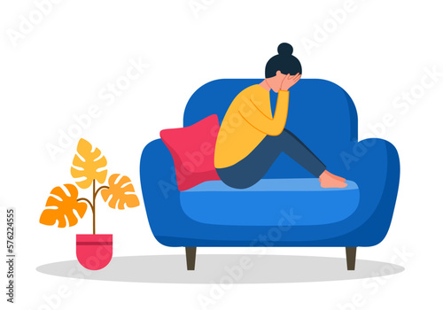 Sad woman crying on sofa in flat design on white background.