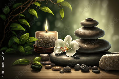 Tranquil Zen Spa Experience: Banner Relaxation Among Stacked Stones and Serene Scene. Beauty Salon Massage Atmosphere. Generative Ai