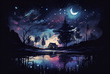 Watercolor Night Landscape background, Generative ai