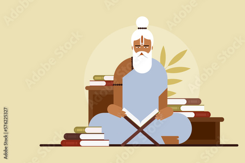 Illustration of a traditional Hindu monk reading books photo