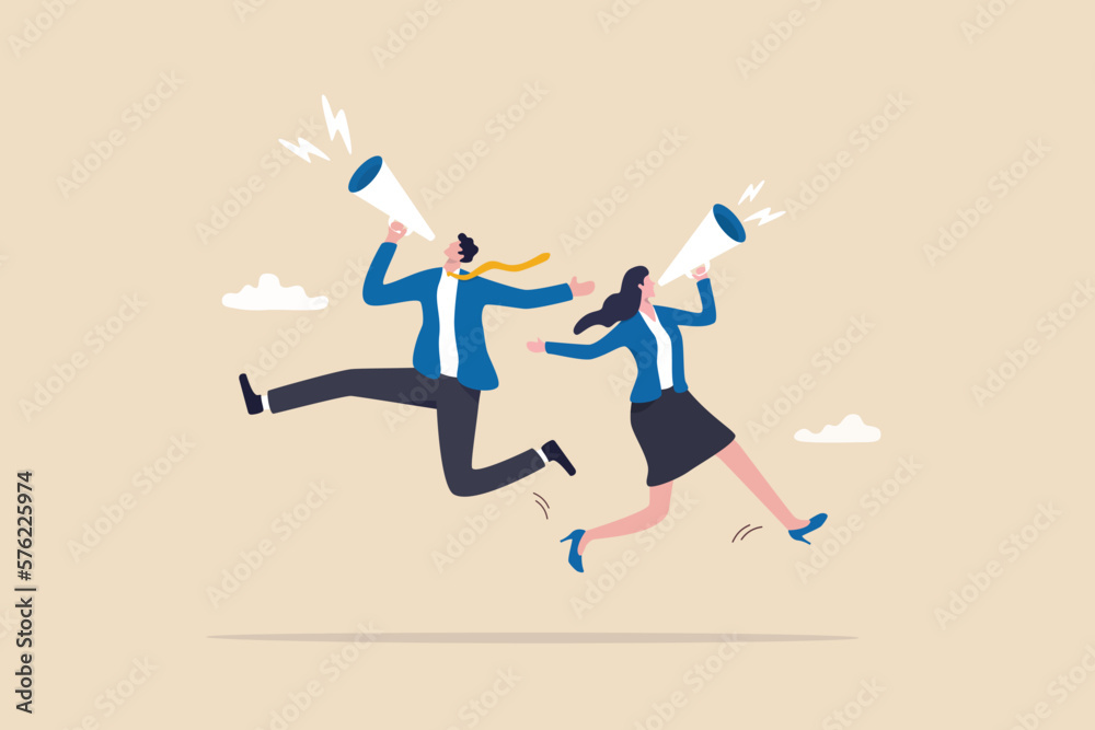 Communicate message, announce job vacancy for hiring, shouting promotion or company communication, warning alert or beware or important message concept, businessman and woman shouting on megaphone.