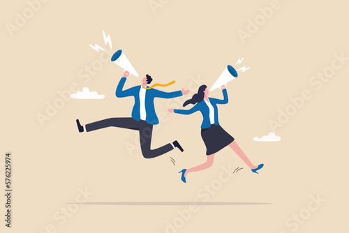 Stampa su tela Communicate message, announce job vacancy for hiring, shouting promotion or company communication, warning alert or beware or important message concept, businessman and woman shouting on megaphone