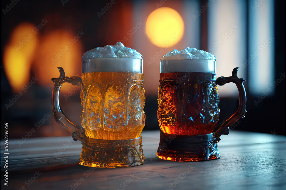 Cheers to Cold Beers Two Frosty Mugs on the Bar. Generative Ai Stock