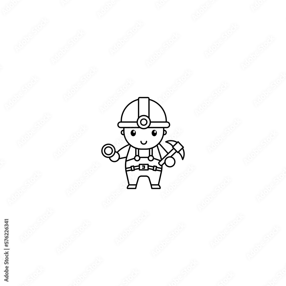 Gold miner Black white outline Icon, Logo, and cute illustration Vector