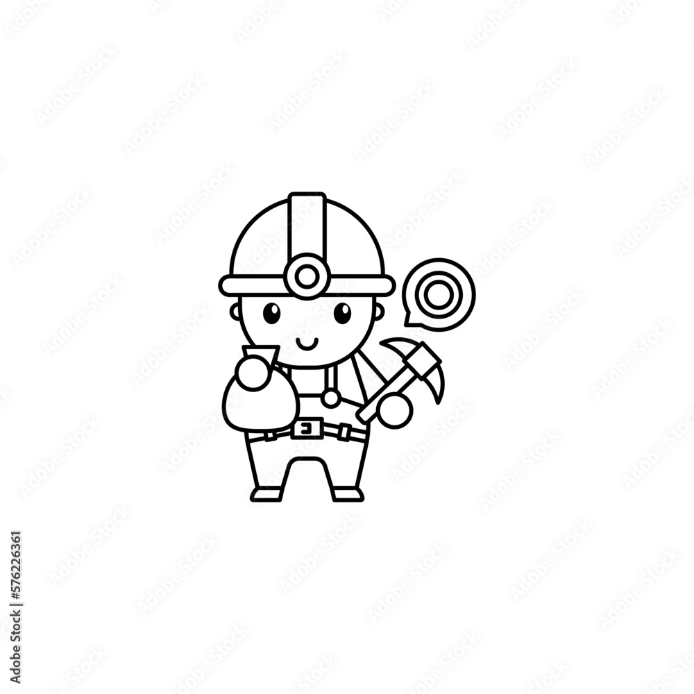 Miner Gold Mining Black white outline Icon, Logo, and cute illustration Vector