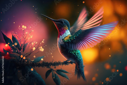 Nature's Beauty: Hummingbird Amongst the Trees and Flowers. Generative Ai © zzzz17
