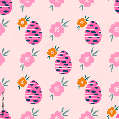 Easter seamless repeating pattern with dotted eggs, flowers and dots. Background or texture for fabric, wallpaper, textile, apparel, wrapping, scrapbooking, tags, cover, cards, invitation