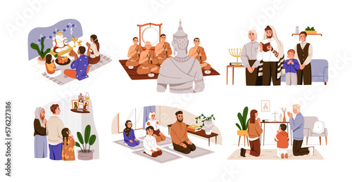 Religious people praying. Muslim, Christian, Hindu, Buddhist, Jewish, Protestant families at religion rituals, prayers with holy symbols. Flat graphic vector illustrations isolated on white background © Good Studio