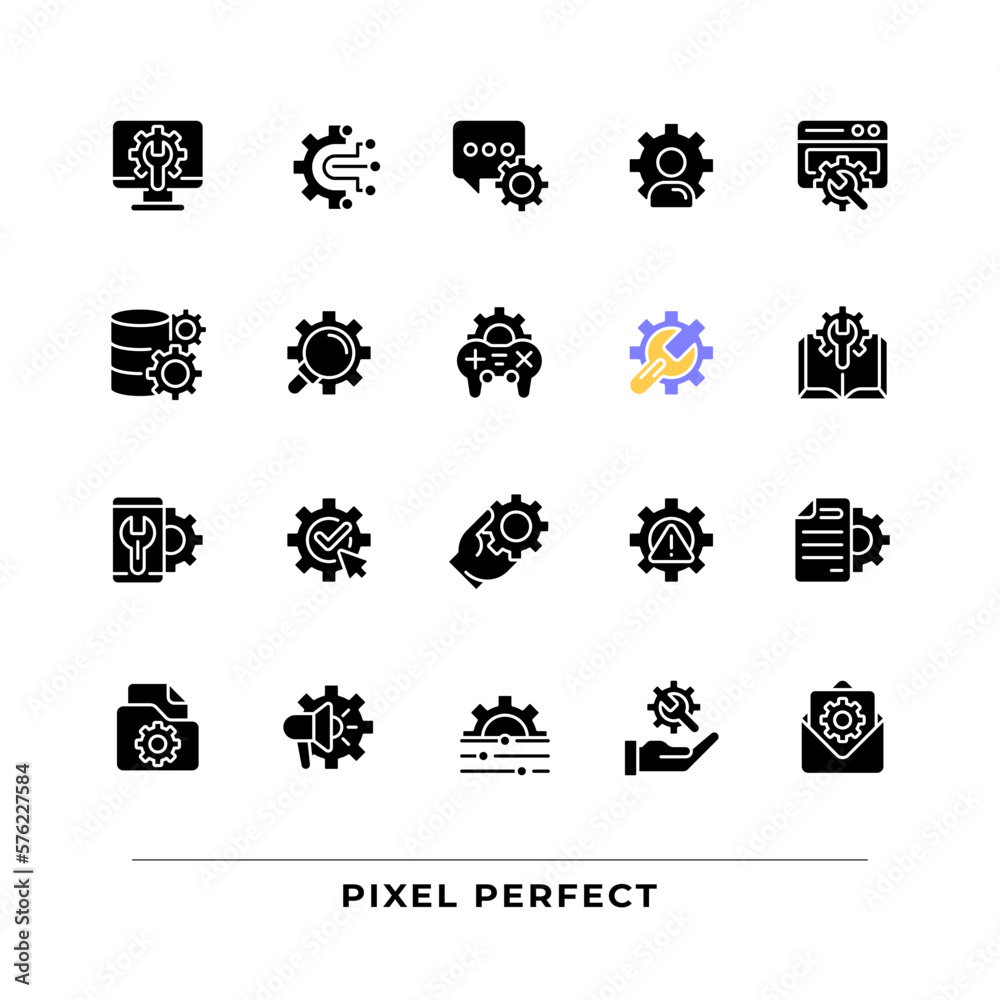Setup and settings black glyph icons set on white space. Computer system configuration. Save changes. Personalization. Silhouette symbols. Solid pictogram pack. Vector isolated illustration