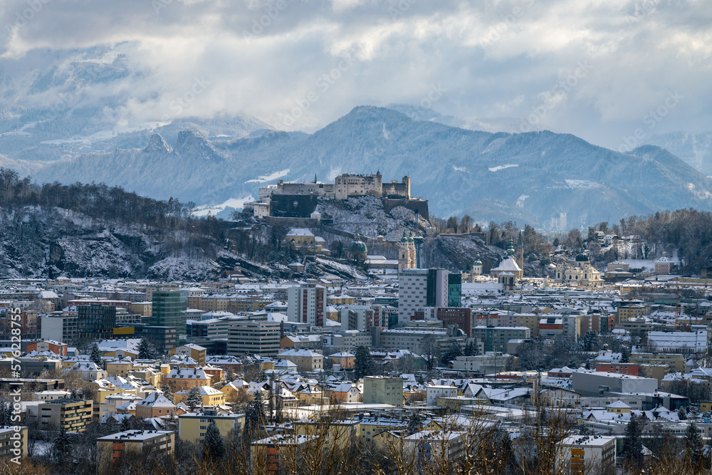 The city Salzburg in Austria in winter - cityscape, areal view