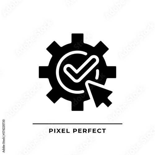 Apply settings black glyph icon. Save changes. Successful completion. Computer system configuration. Silhouette symbol on white space. Solid pictogram. Vector isolated illustration