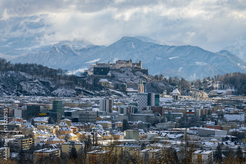 The city Salzburg in Austria in winter - cityscape, areal view