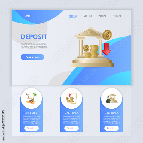 Deposit flat landing page website template. Travel credit, send funds, send funds. Web banner with header, content and footer. Vector illustration.