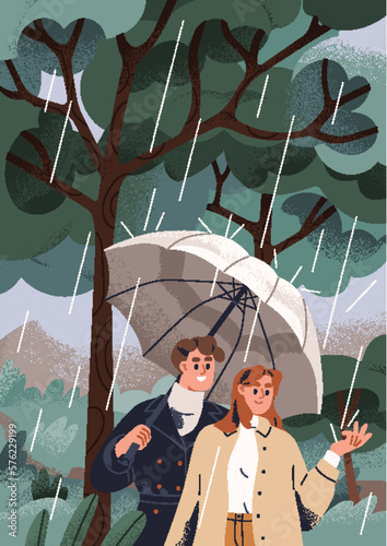 Love couple walking in rainy weather, day. Happy romantic man and woman in ra...