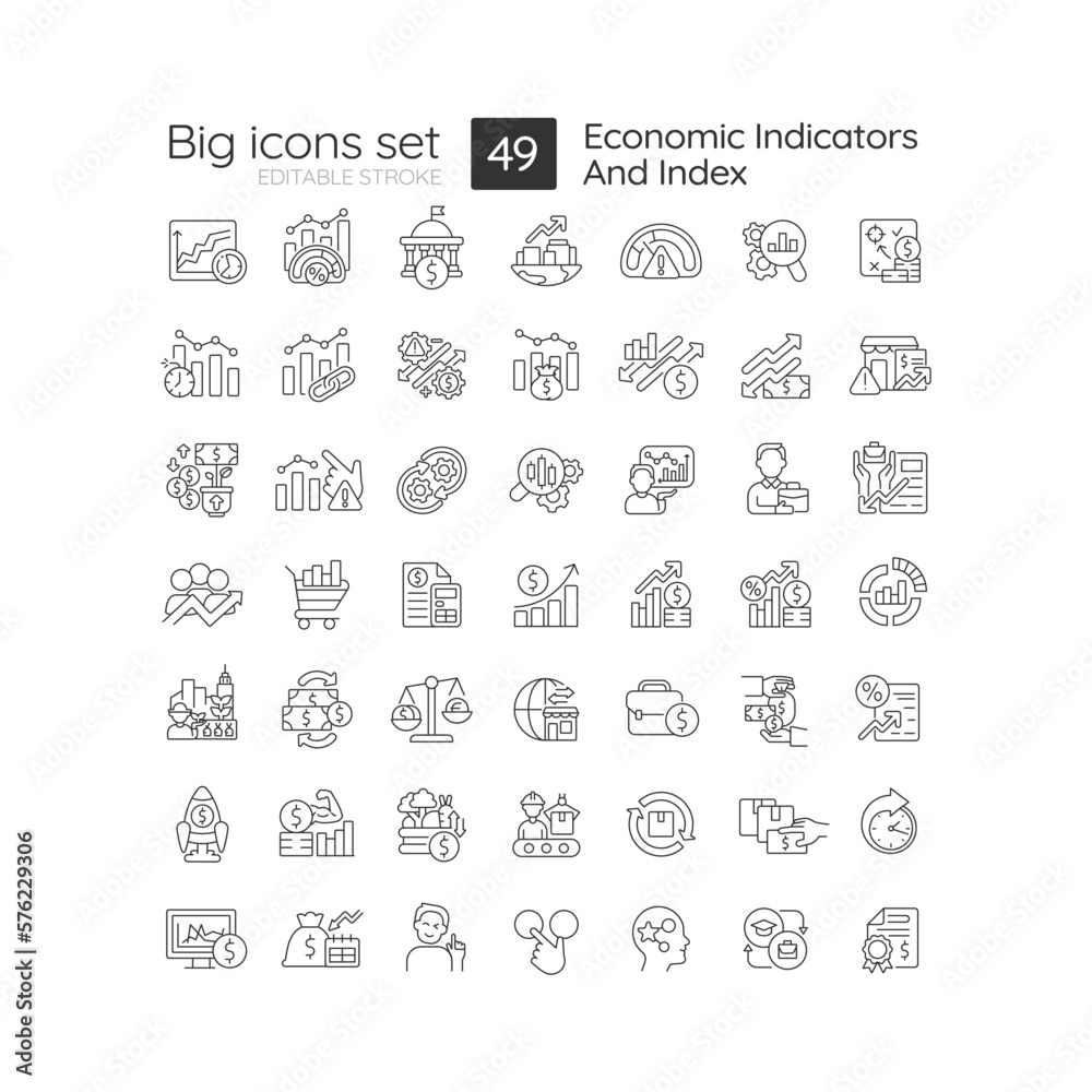 Economic indicators and index linear icons set. Prediction of business development. Analytics processes. Customizable thin line symbols. Isolated vector outline illustrations. Editable stroke Economic indicators and index linear icons set. Prediction of business development. Analytics processes. Customizable thin line symbols. Isolated vector outline illustrations. Editable stroke
