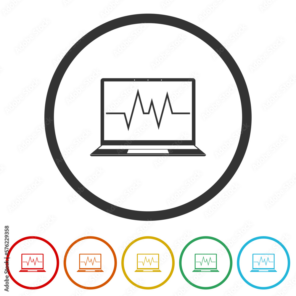 Laptop with cardiogram icons in color circle buttons Laptop with cardiogram icons in color circle buttons