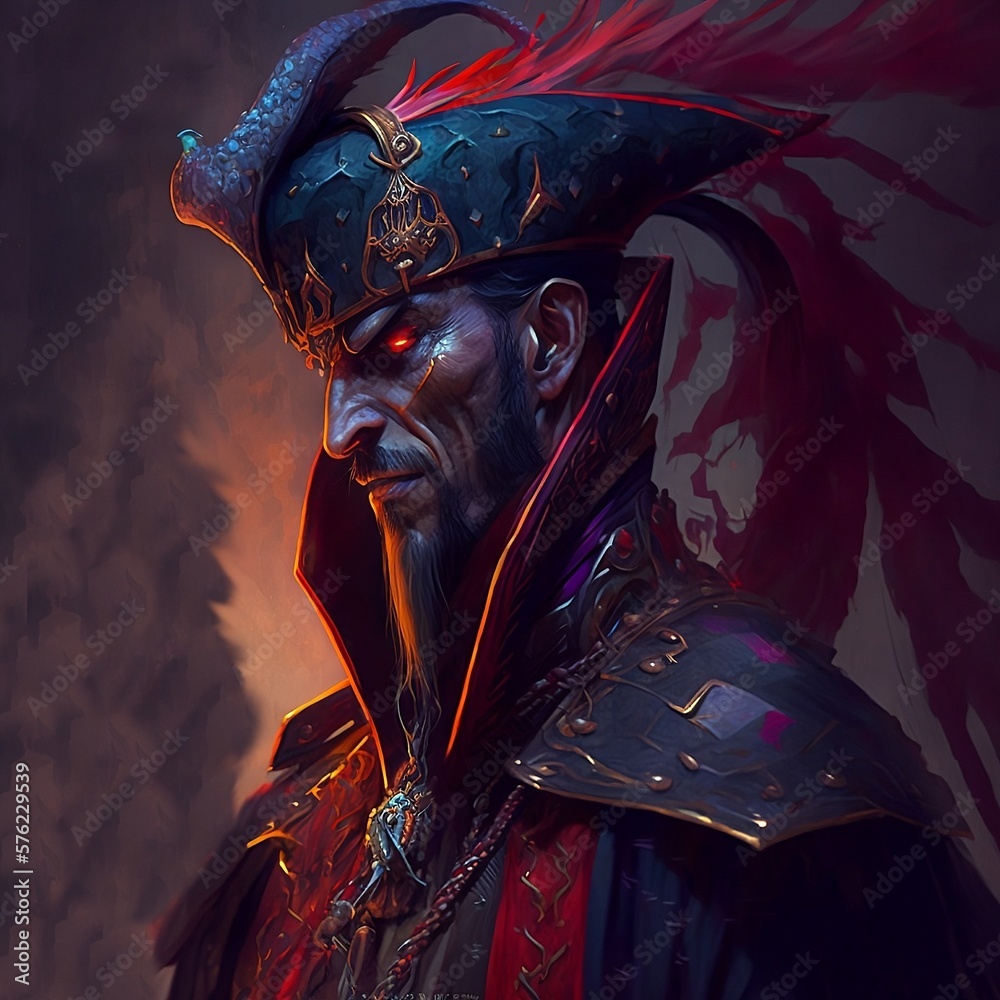An Evil Pirate Captain with Glowing Red Eyes Wearing a Feathery Hat and ...