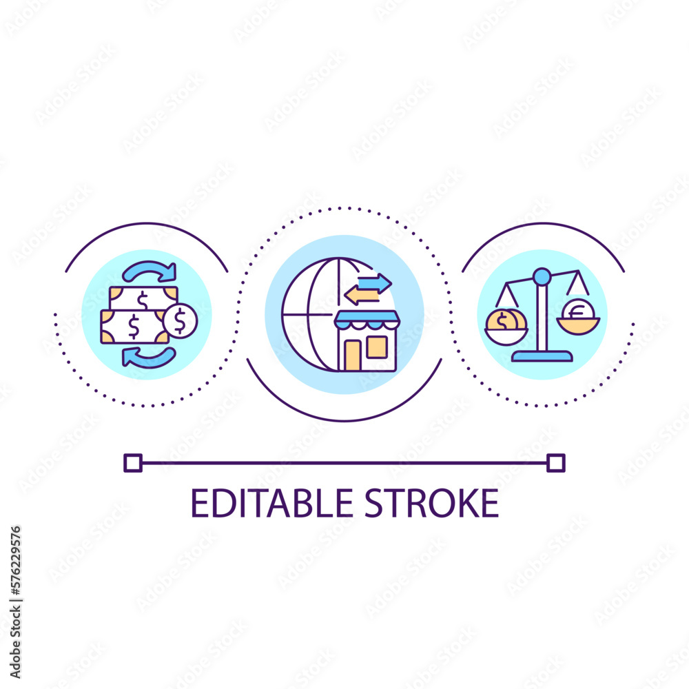 Small business worldwide support loop concept icon. Currency rates importance for economic abstract idea thin line illustration. Isolated outline drawing. Editable stroke. Arial font used Small business worldwide support loop concept icon. Currency rates importance for economic abstract idea thin line illustration. Isolated outline drawing. Editable stroke. Arial font used