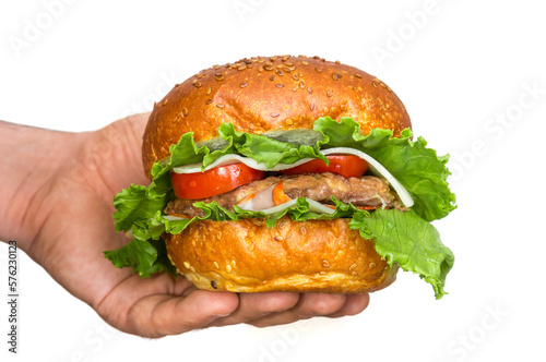 American burger in hand isolated on transparent
