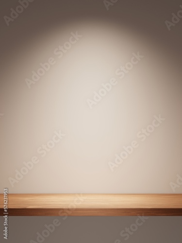 Fototapeta Naklejka Na Ścianę i Meble -  3d wooden shelf with spotlight against white wall background. 3d rendering of realistic presentation for product advertising. 3d minimal illustration.