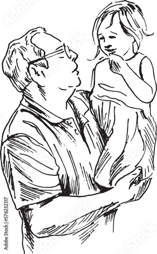 Hand sketch of grandfather with child. Vector illustration.