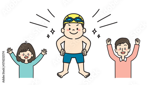 水泳に自信を持つ子供と喜ぶ親のイラスト