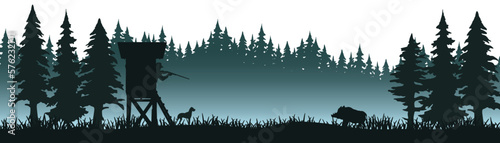 Wildlife forest misty fog landscape hunt hunting hobby background banner illustration vector for logo - Silhouette of hunter perch stand, wild boar, mountains and fir, isolated on white background
