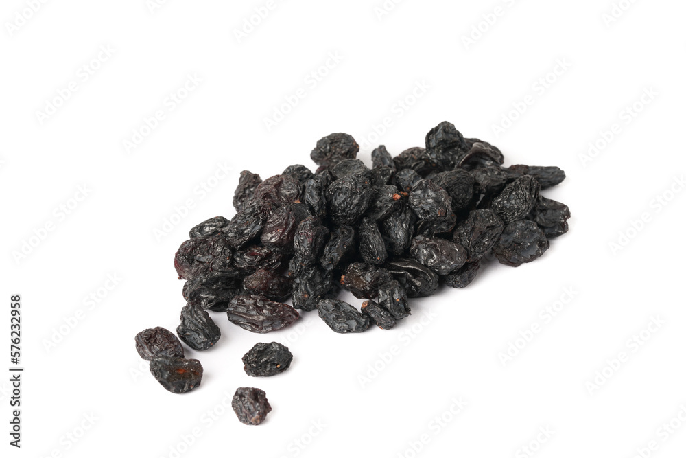 Closeup shot black currant dry on white background Closeup shot black currant dry on white background