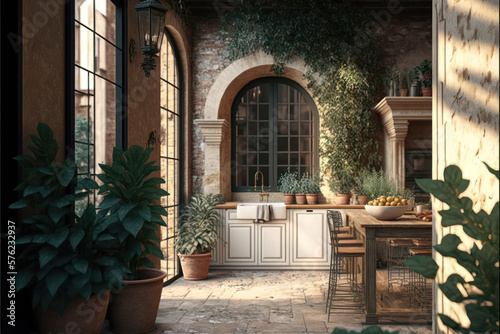 Contrasting Kitchen Styles in a Tuscan Courtyard. Generative Ai