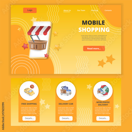 Mobile shopping flat landing page website template. Free shipping, delivery car, worldwide delivery. Web banner with header, content and footer. Vector illustration.